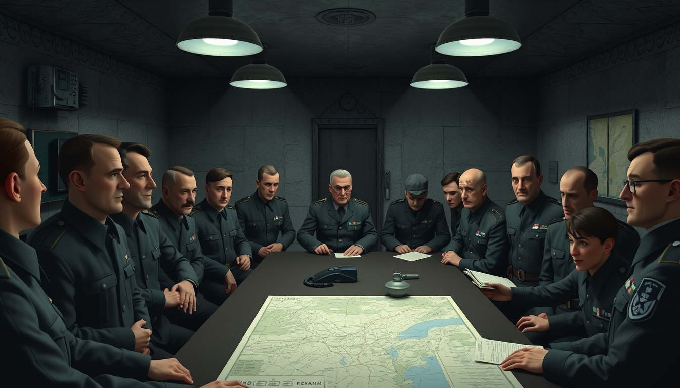 Main art studio: Cinematic 3D animated historical reconstruction of a German military command room inside the Führerbunker, April 1945, several exhausted German office