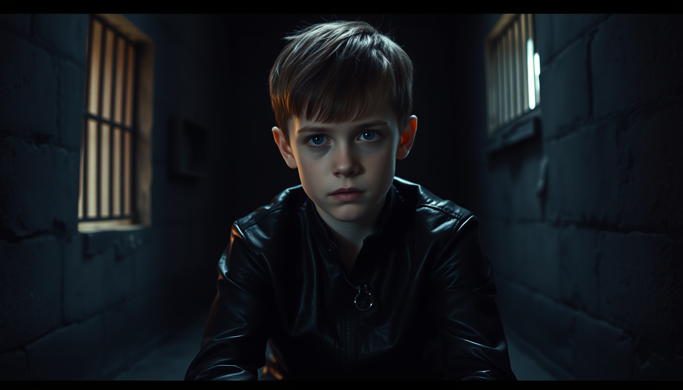 Main art studio: A realistic cinematic portrait of a fictional 14-year-old boy in a dark prison cell, wearing an entirely black leather outfit, sitting alone on a cold