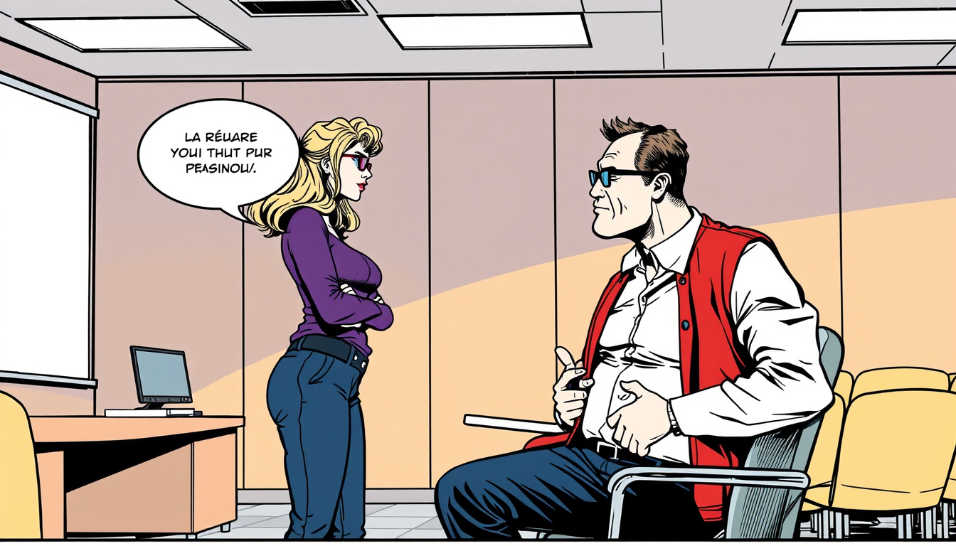 AI Comic idea created from the prompt: comic panel, bold inks, halftone shading, speech-bubble ready composition, • Décor : salle de formation avec écran de projection blanc et bu