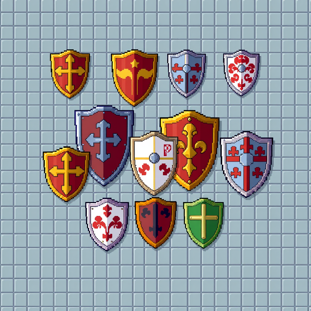 Sprites idea: pixel art game sprite, clean pixel grid, retro 16-bit palette, very small and not much detail medieval shields , game-ready sprite sheet