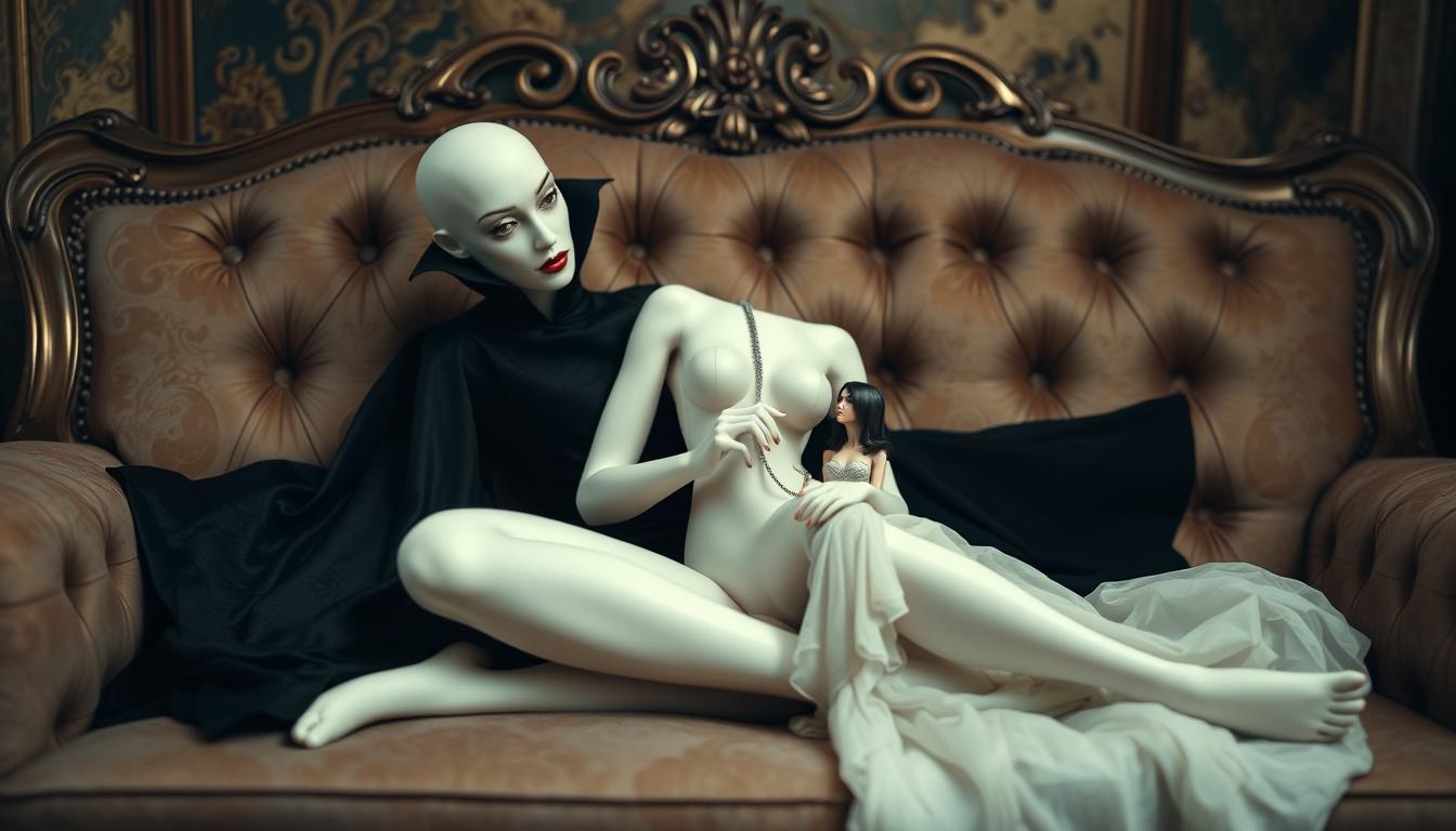 Main art studio: A gothic vampire queen poses gracefully on a luxurious sofa, her pale figure perfectly proportioned from head to toe. She interacts with a miniature w