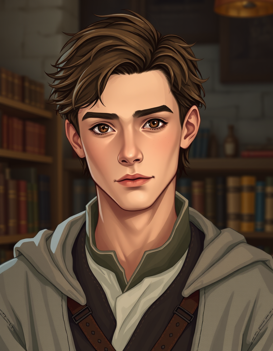 Characters idea: an original character defined by silhouette, role, outfit, palette, and expression, deliberate composition, A seemingly ordinary young male librarian