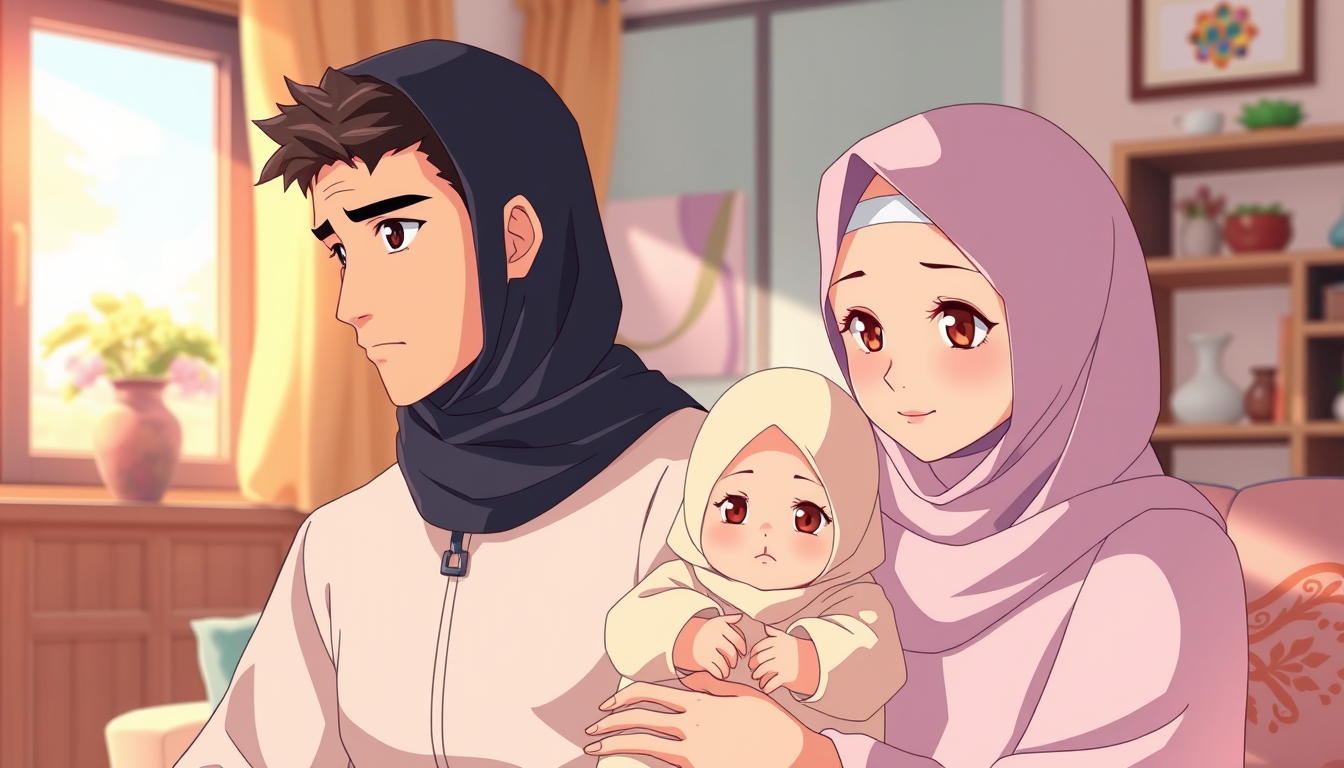 Anime idea: anime style, vibrant colors, expressive eyes, Beautiful elegant Arab mother in complete hijab, NO hair visible, fair skin, brown eyes, long light mode