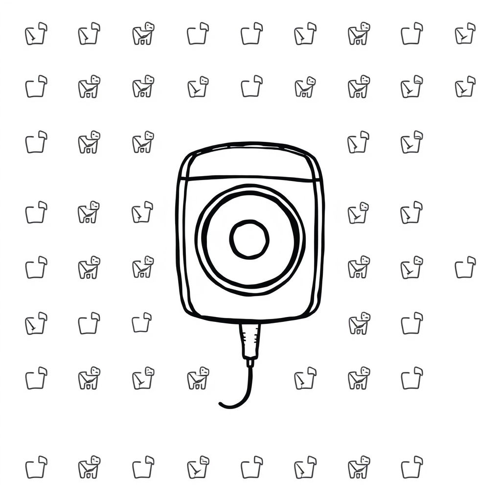 Doodle idea created from the prompt: casual hand-drawn line art built from simple icons, repeated marks, and playful spacing, deliberate composition, A speaker viewed directly f