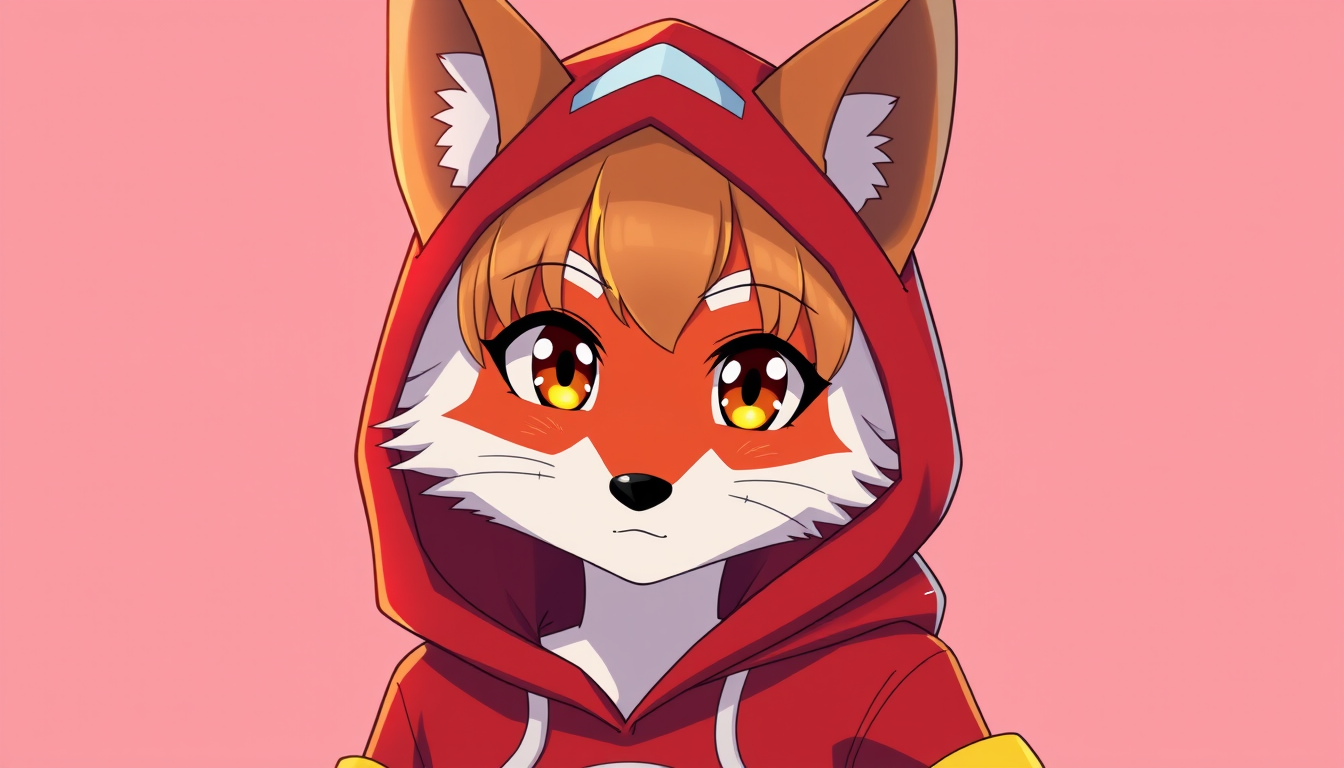 Main art studio: Do a fox girl with a red crop hoodie with yellow sleeves. 4k, anime style