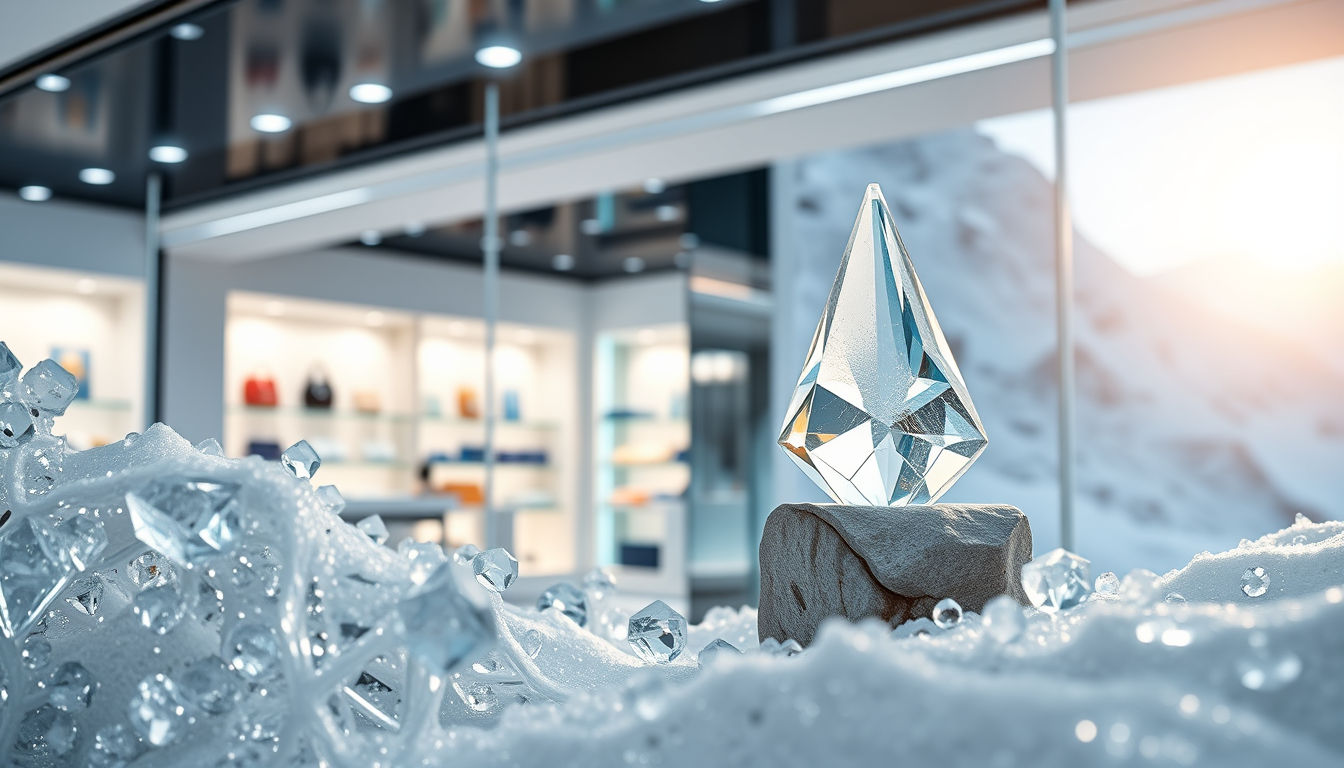 Main art studio: innen in einem swarovski laden in österreich mit einem kristallbären im vordergrund mit gutschein in der pfote