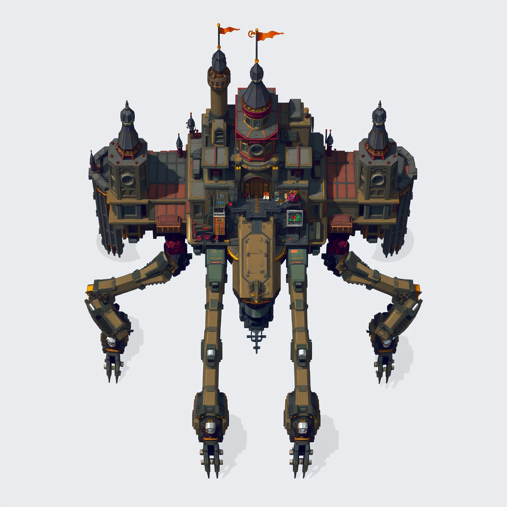AI Art prompt example created from the prompt: Top-down view, pixel art, steampunk walking fortress on large mechanical legs, NOT a static building, NOT a vehicle, tall towers and spires 