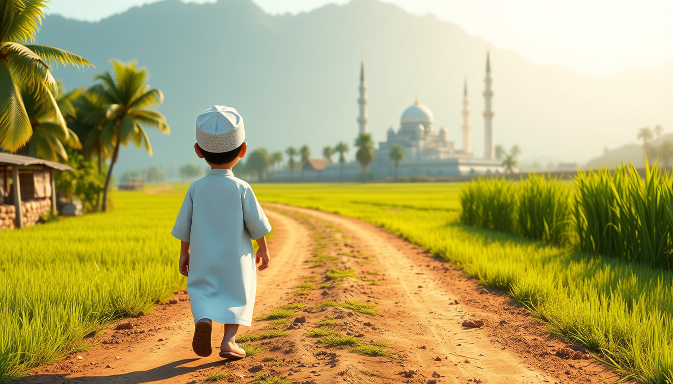 Main art studio: 12-year-old Muslim boy wearing the same white panjabi and white prayer cap, walking on a peaceful village dirt road toward a beautiful mosque, green r