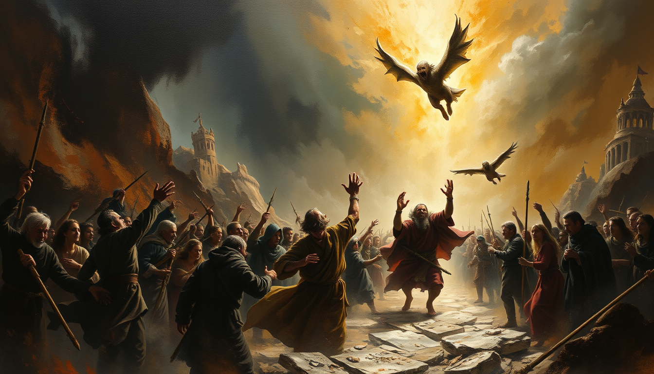Main art studio: A powerful, timeless symbolic painting of humanity struggling between the temptation of evil and the strength of good. Dark shadows and sinister force