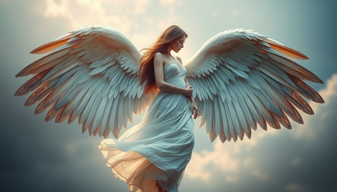 Main art studio: Female with wings like an angel who could not fly before but is in internal love and connection with a man, her soulmate, who always meet in every lif