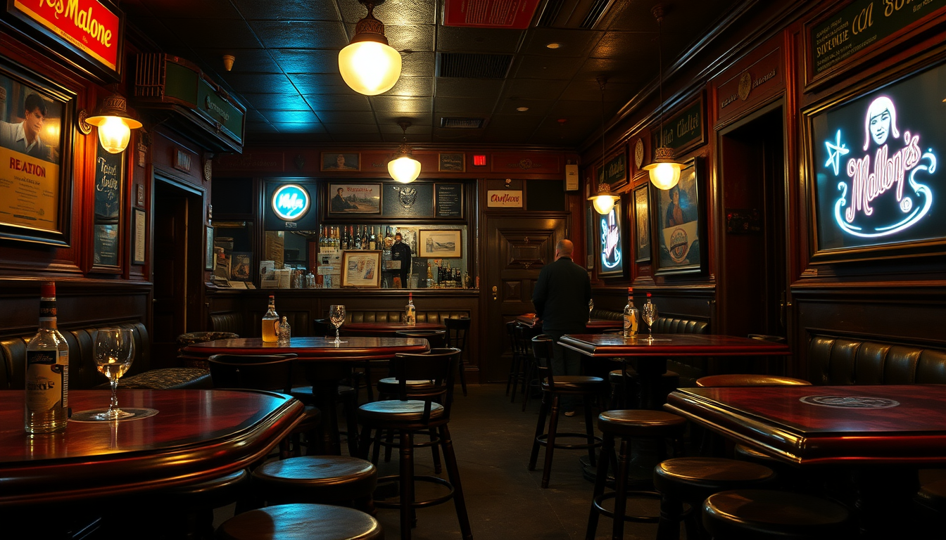 Main art studio: Hazme una foto real de un DNI español inusualmente grande tirado en medio de un clásico bar cervecería mollys malone vacío con el suelo sucio. Solo qu
