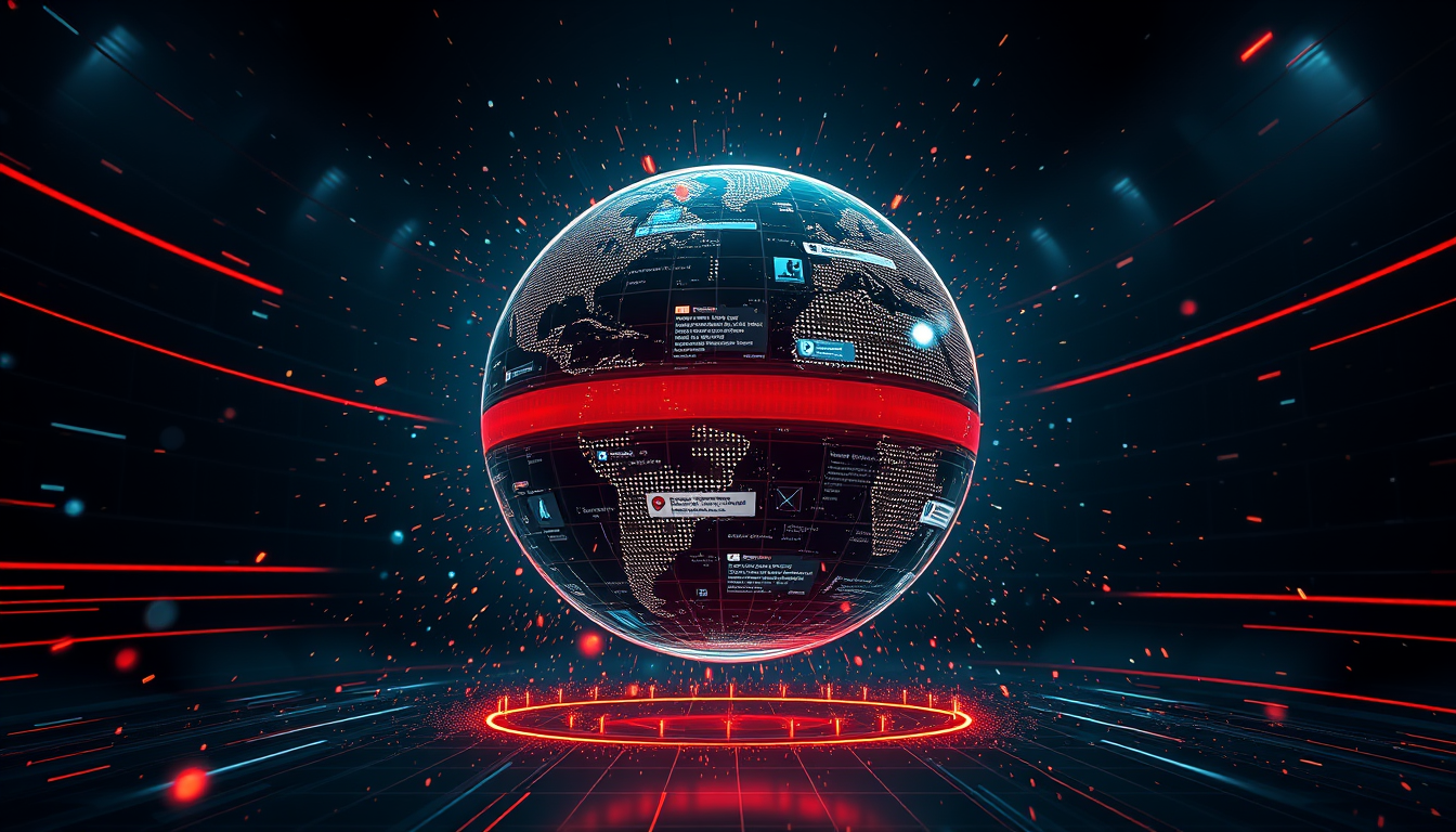 Main art studio: A dramatic futuristic digital globe floating in a dark cinematic environment, surrounded by glowing particles, news headlines, social-media icons and 