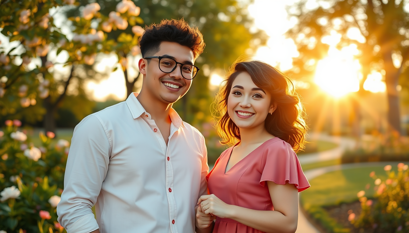 Main art studio: front face romantic portrait of a happy young couple in a beautiful park at golden hour. The woman is chubby with fair skin, wearing a pink dress and 