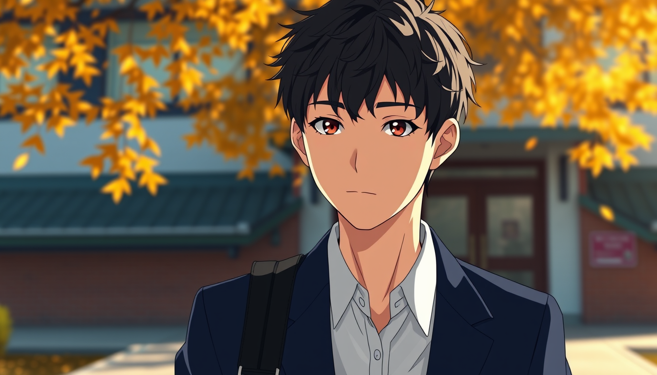 Main art studio: Create an original cinematic Japanese anime character portrait of Haruki Tanaka, a 17-year-old Japanese high school boy. He has messy black hair, deep