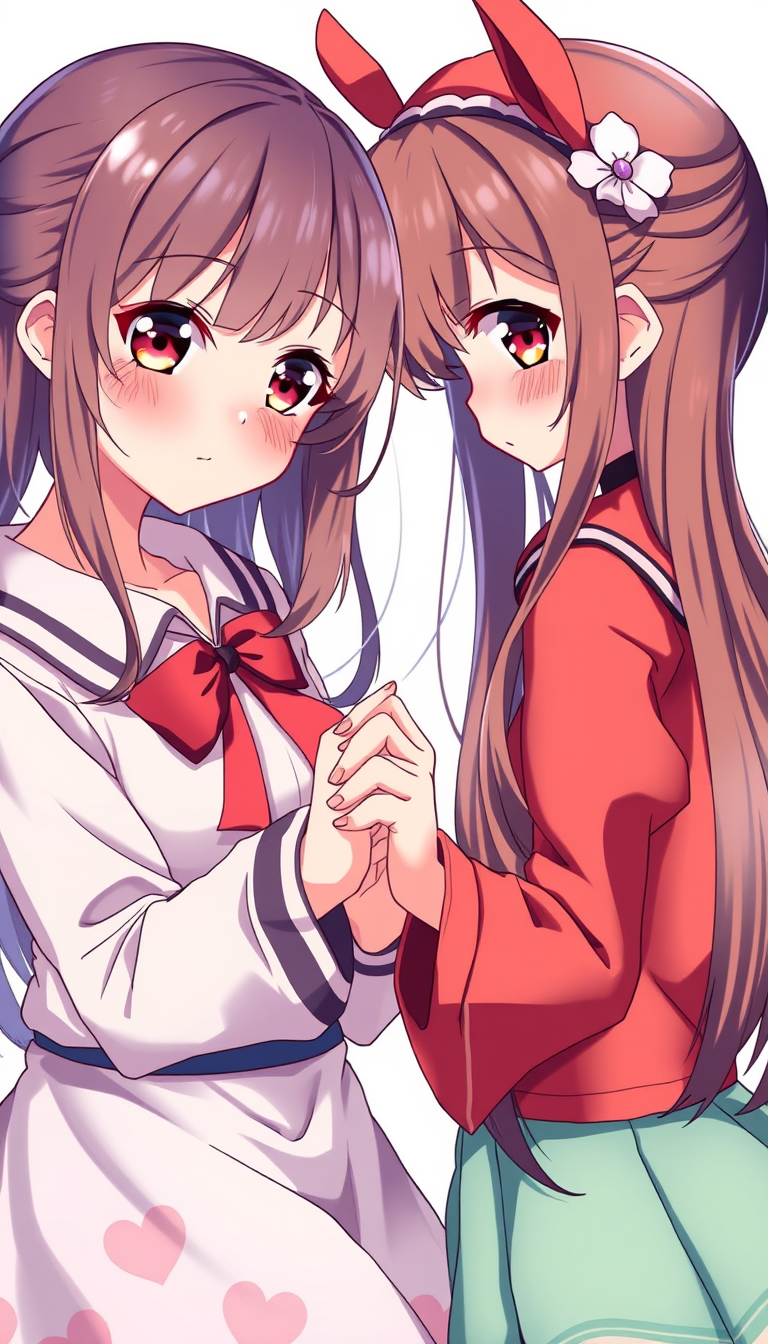 Anime idea: anime style, vibrant colors, expressive eyes, A girl holding hands with a girl , detailed anime illustration
