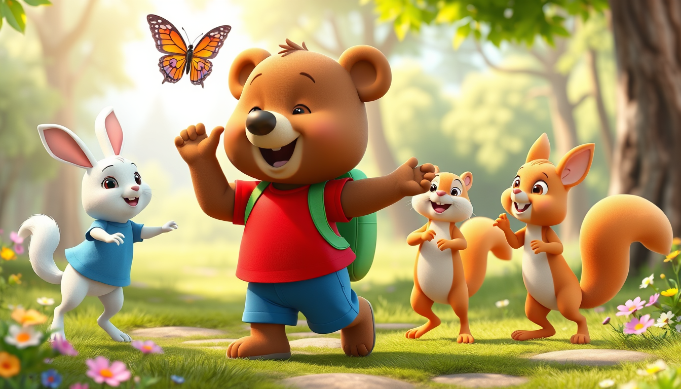Main art studio: 3D animated children's cartoon. Bruno, the cute brown bear wearing a red T-shirt, blue shorts, and green backpack, dances happily with Benny, a small