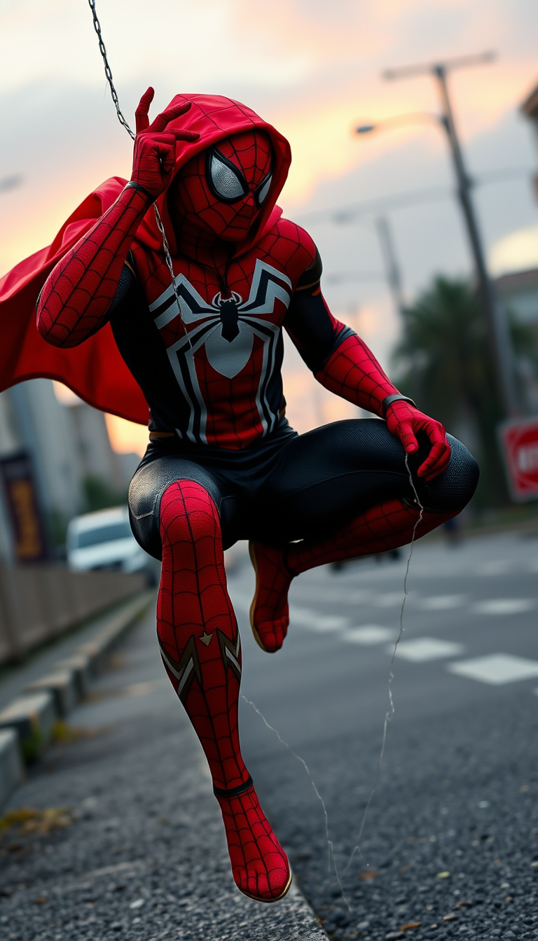 Main art studio: na calçada da rua de dia o Homem aranha com a cabeca da Supermulher com nas mãos