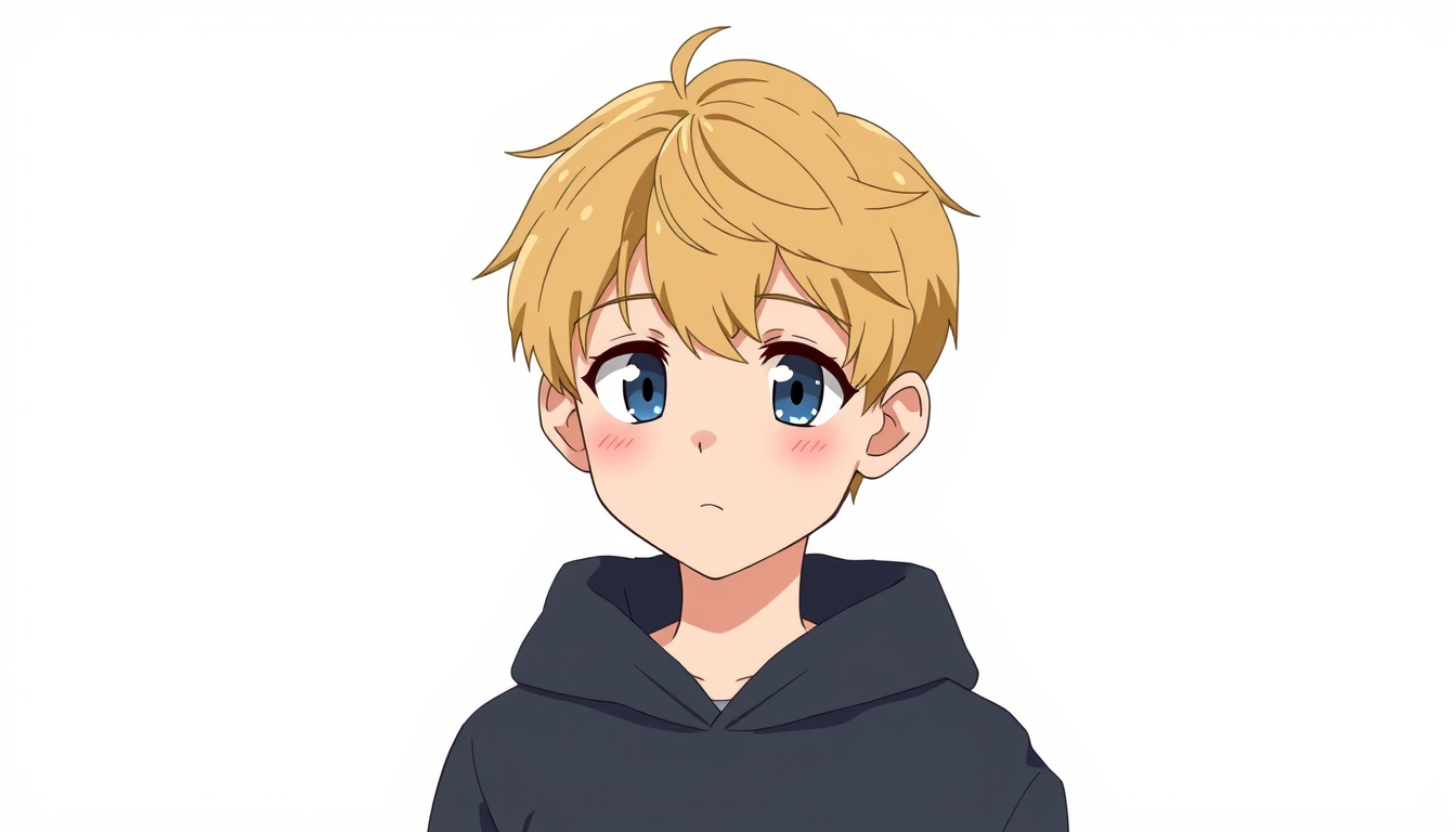Main art studio: Teen boy with short, slightly messy blond hair and blue eyes, wearing a dark gray hoodie and black jeans. Normal anime character design, clean linewor