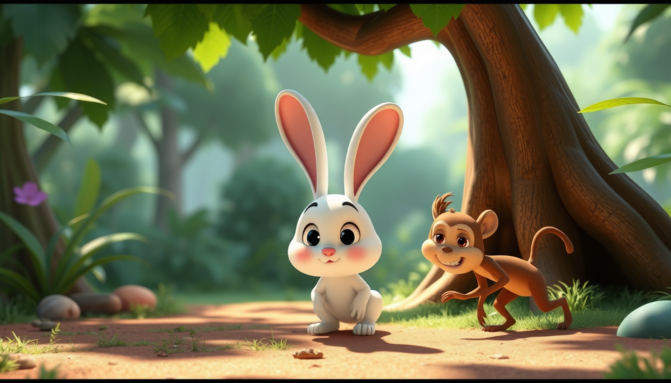 Main art studio: इमेज 3 — खरगोश पेड़ के नीचे छिपता है “Cute white rabbit hiding under a large tree in a beautiful green jungle while looking scared, mischievous brown