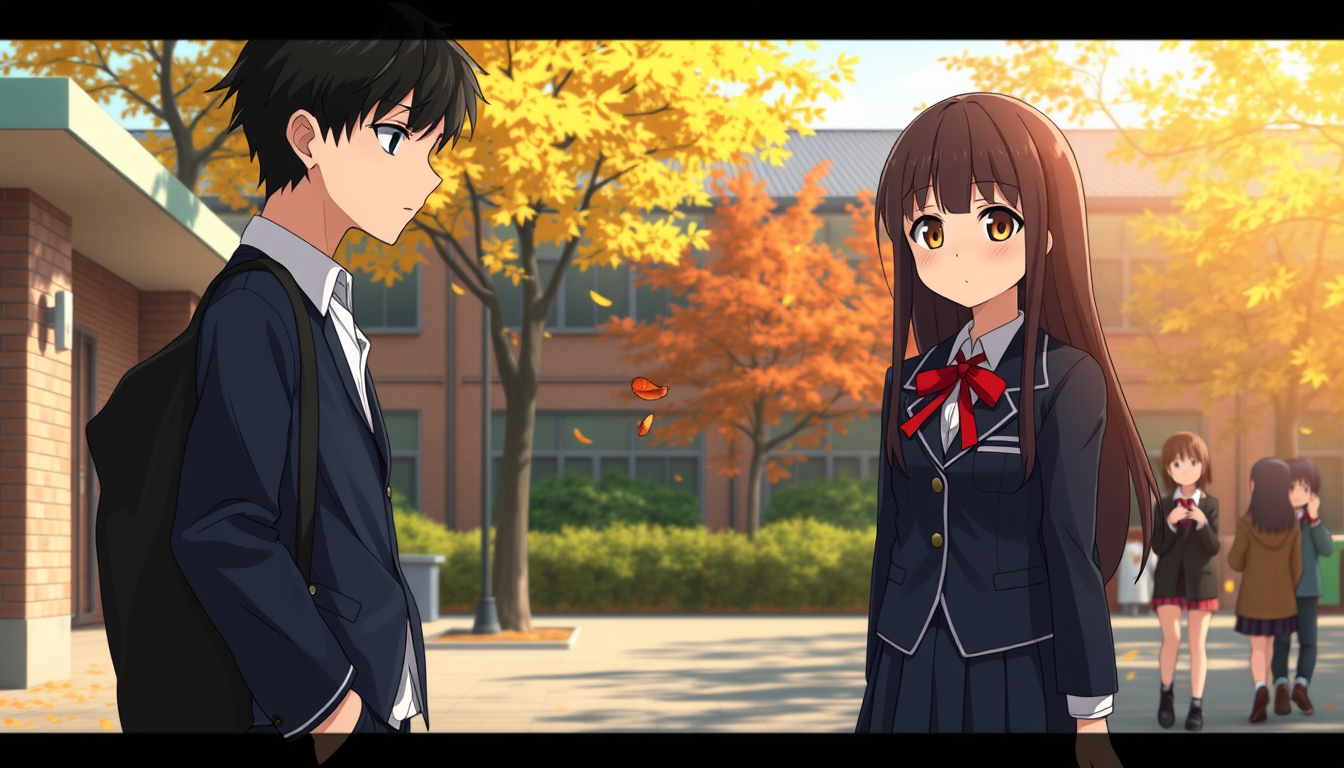Main art studio: Create a cinematic Japanese anime movie scene at a Japanese high school in October. Haruki Tanaka, a shy 17-year-old boy with messy black hair, dark-b