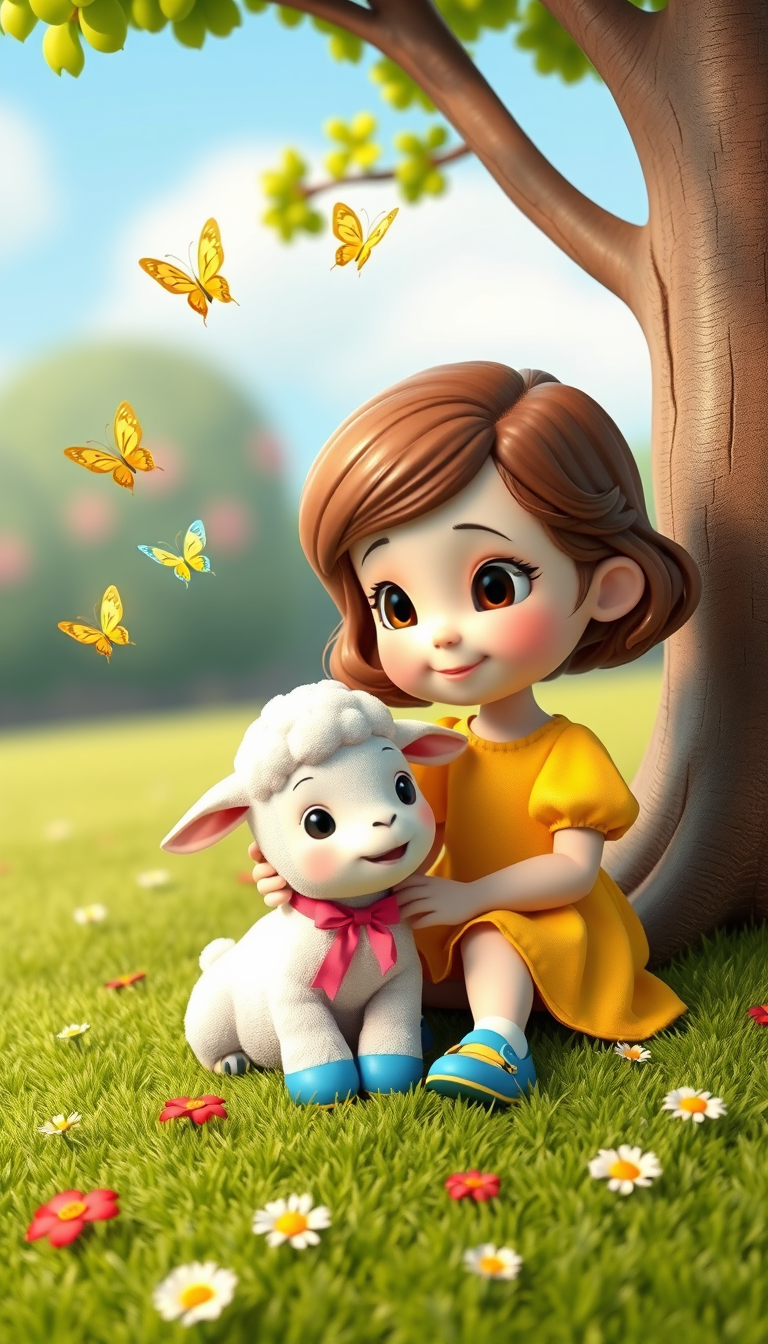 Main art studio: Cute little girl with brown hair, wearing a yellow dress and blue shoes, with a fluffy white lamb with a pink ribbon around its neck, adorableThe girl