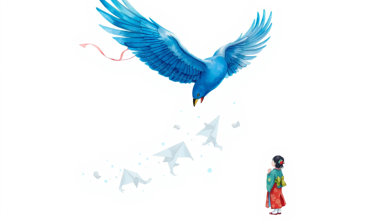 Main art studio: Magical transformation of the kite into a bright blue bird with feathers, mid-air, with dynamic brushstrokes and watercolor blending. The little Japan
