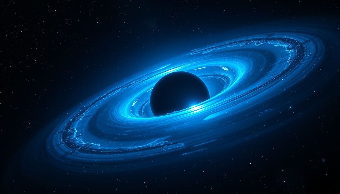 Main art studio: A massive black hole bending space and light, glowing blue accretion disk, stars being stretched by gravity, cinematic space photography, ultra realis