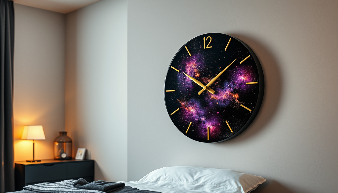 Main art studio: Realistic handmade resin clock on an MDF base, round shape, black and dark purple galaxy with bright stars and golden nebula details, glossy resin sur