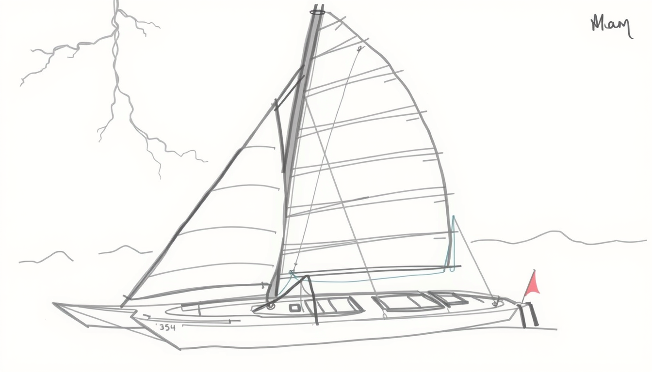 Main art studio: Can you create an image of this boat sailing towards the viewer? It needs to be stormy weather with lightning in the background, and drawn in a simple