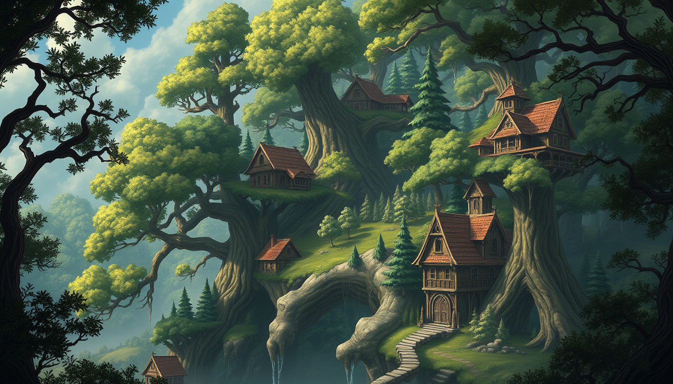 Main art studio: i need a d&d map for a town in the trees, what i mean is they are in a realm where the trees are huge and the town itself is in the trees like tree ho