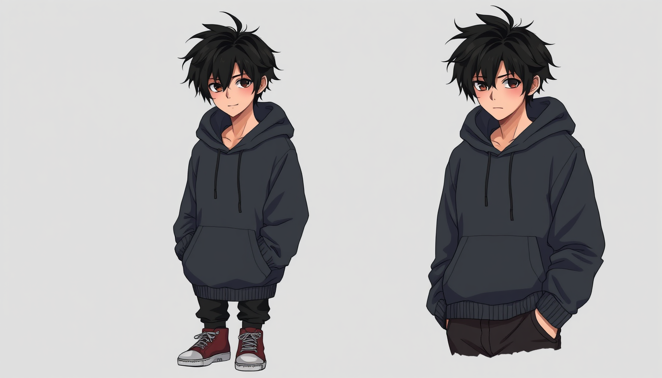 Anime idea: anime style, vibrant colors, expressive eyes, Realistic cinematic portrait of a lonely young adult man with messy black hair, tired dark eyes, and nat