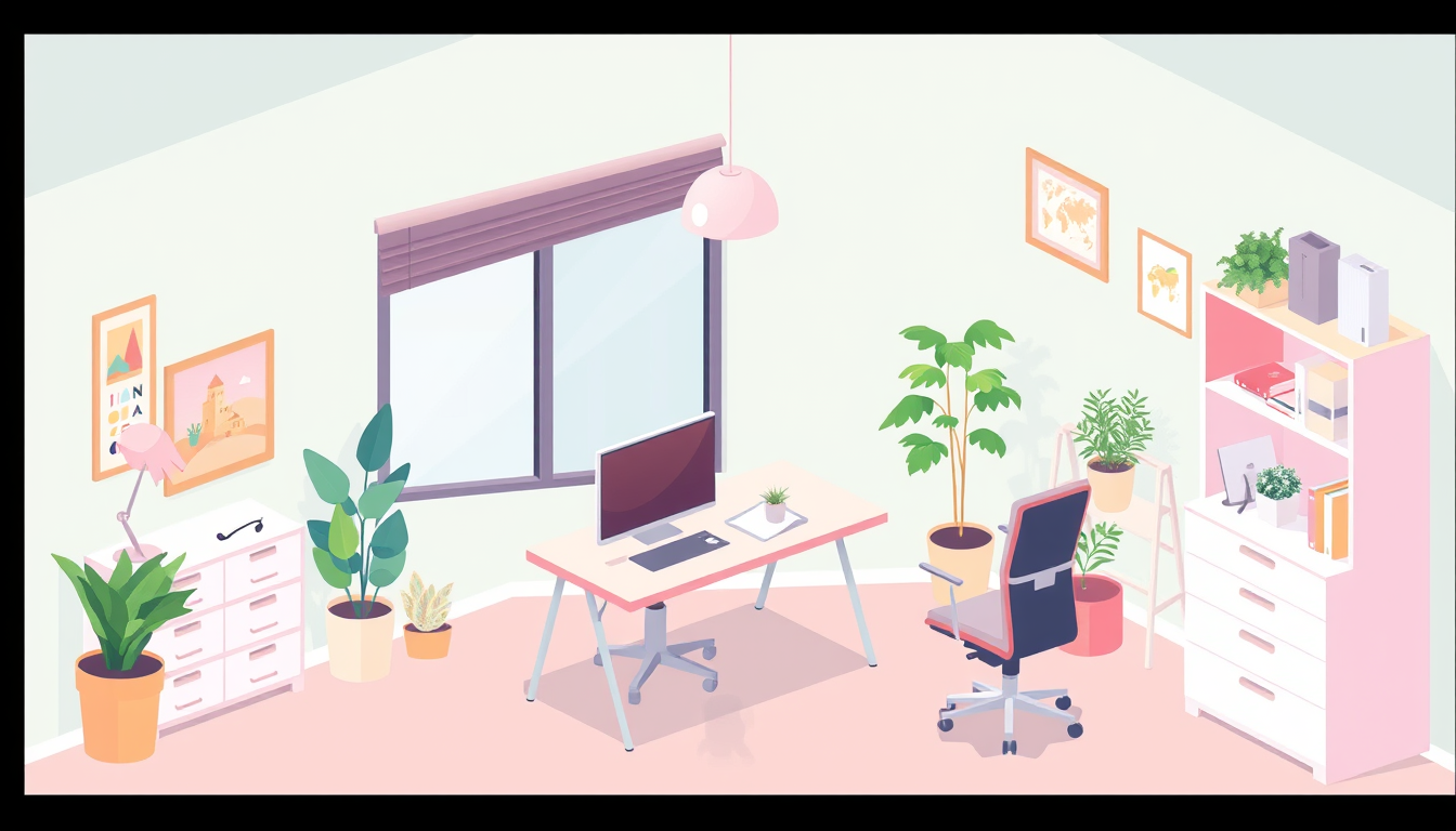 Main art studio: isometric office workspace, soft pastel tones, minimal vector art, pixel style