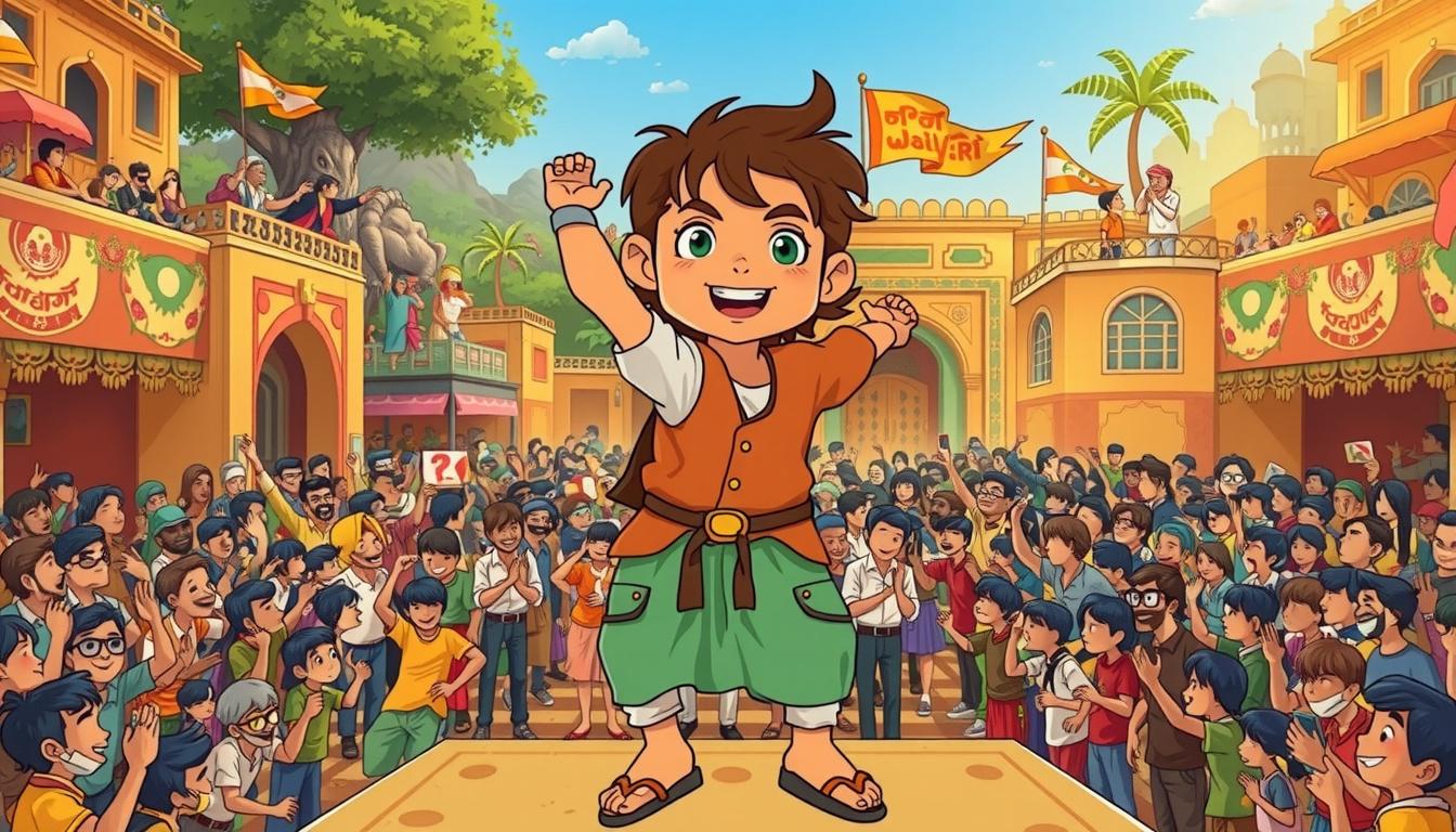 Main art studio: Balwan raises his hand high, waving slowly to the cheering crowd, a proud smile spreading across his face, hair gently moving in the breeze. Camera sl
