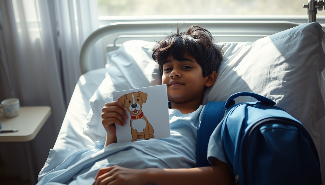 Main art studio: Cinematic realistic vertical 9:16. Aarav, the same 10-year-old Indian boy with messy black hair, rests in a hospital bed wearing light-blue hospital c