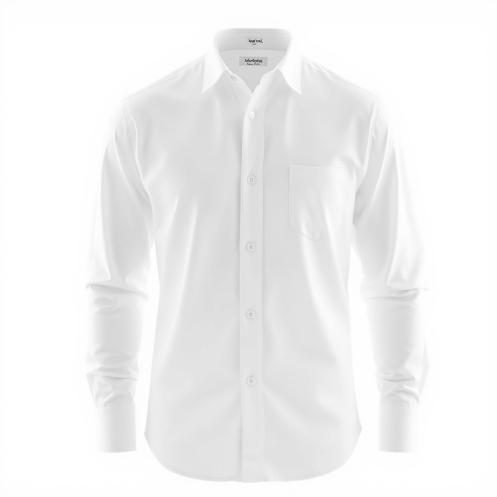Main art studio: Premium men's white full-sleeve formal button-up shirt, classic collar, clean front view, visible buttons, shirt only, no t-shirt, no person, no manne