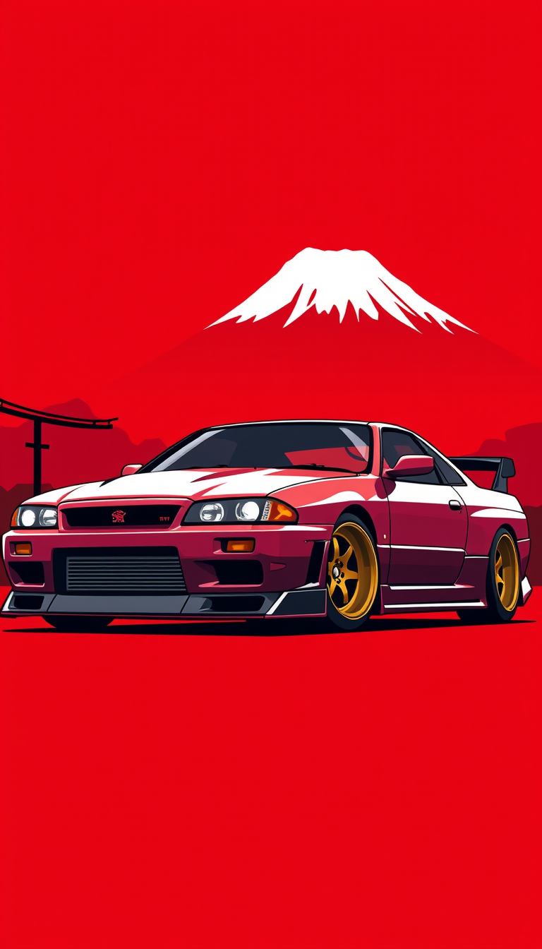 AI Art prompt example created from the prompt: Premium JDM vector wallpaper featuring a Nissan Skyline R34 GT-R, ultra-clean racing silhouette, widebody stance, lowered suspension, bronze