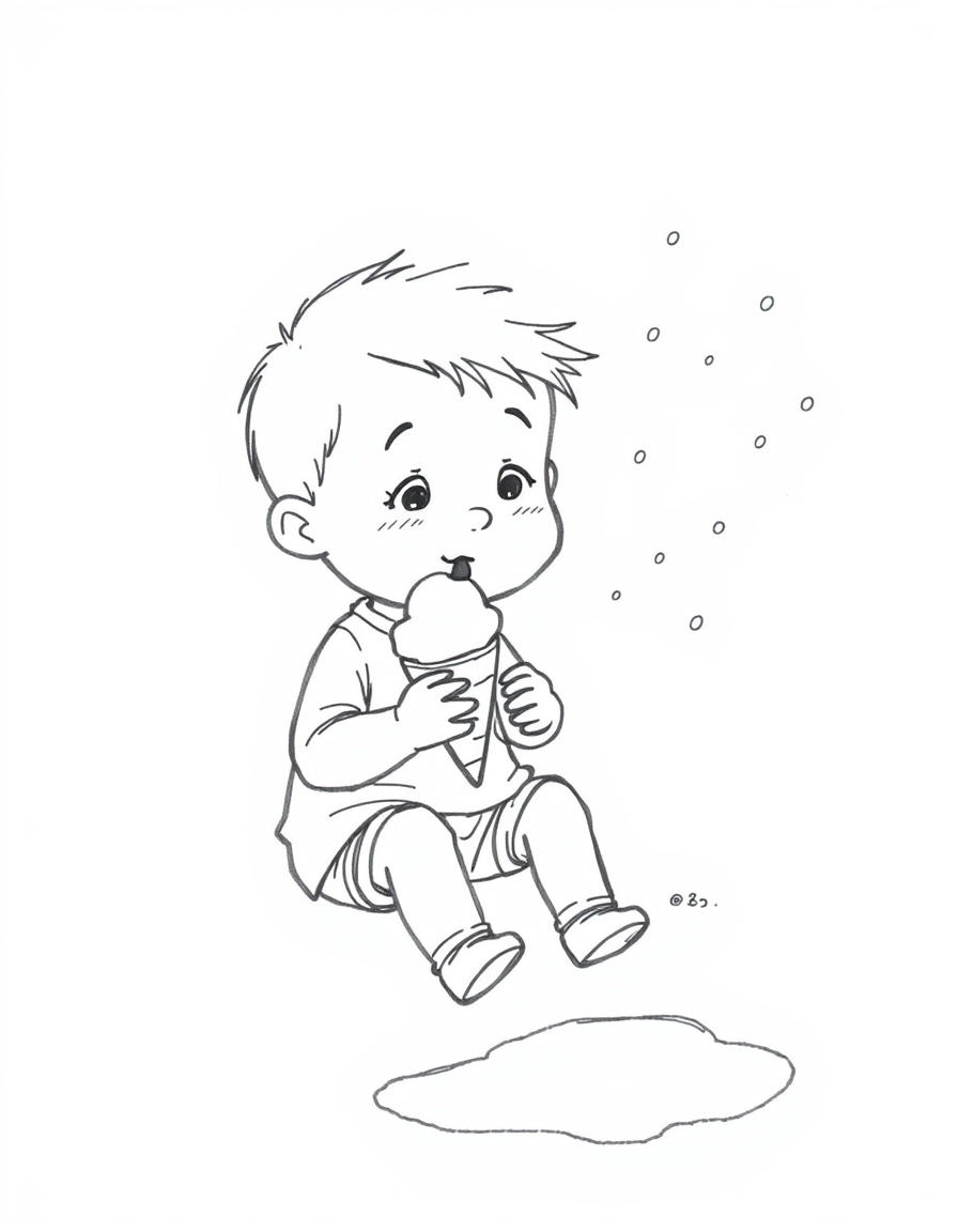 Main art studio: A cute little boy sitting outside on a warm summer day, quickly eating a big ice cream. Suddenly, tiny snowflakes begin falling around him, with a lit