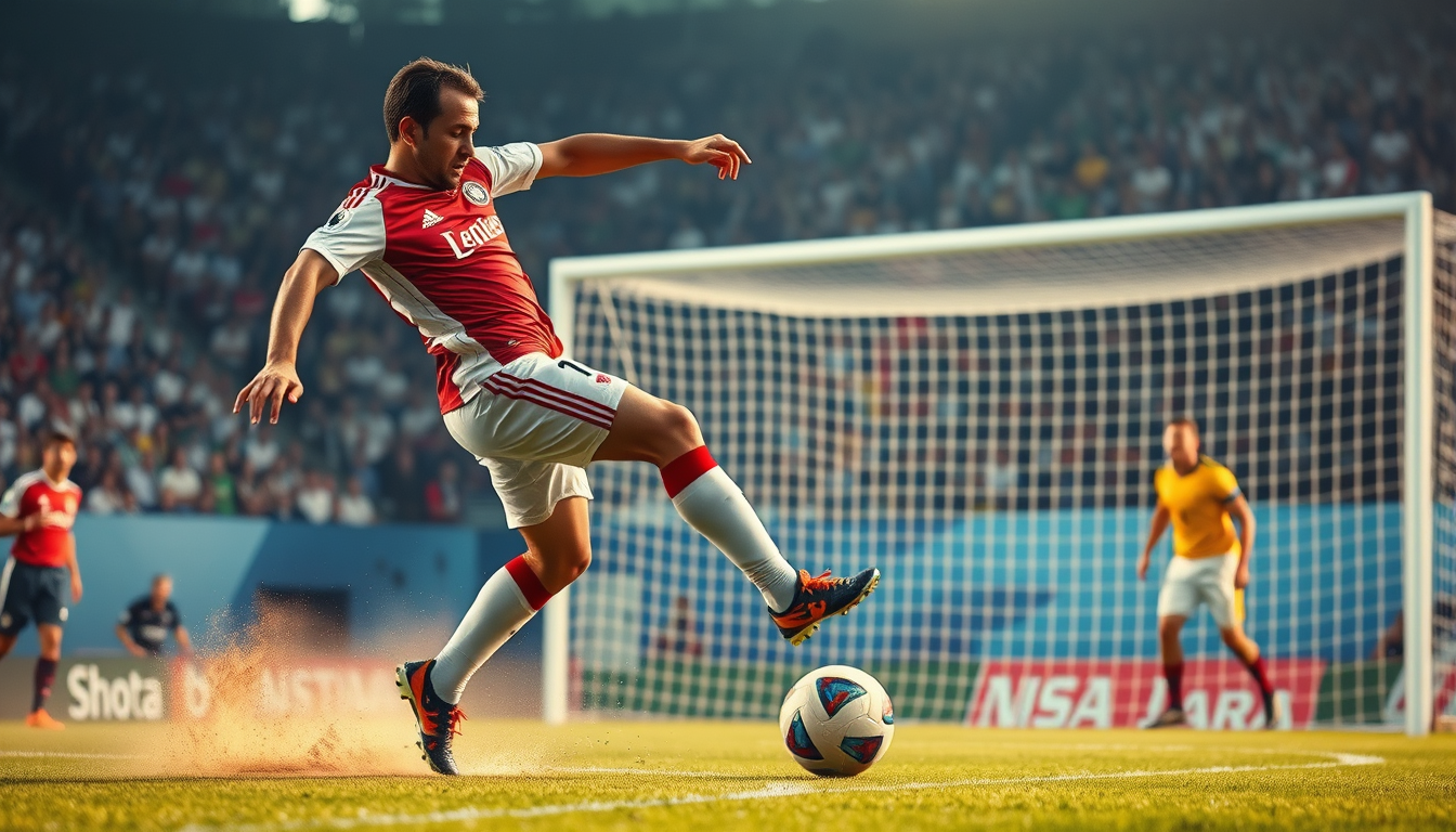 Main art studio: crie uma imagem de um jogador chutando a bola para o gol e marcando o gol descisivo da copa do mundo