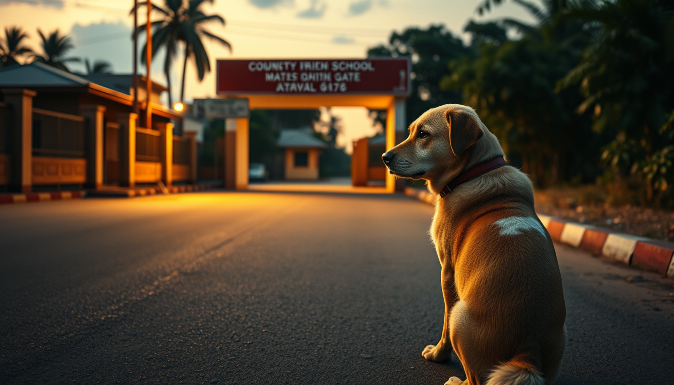 Main art studio: Cinematic photorealistic vertical 9:16. Same Bruno, the golden-brown street dog with a white chest patch and red collar, sitting alone outside the sam