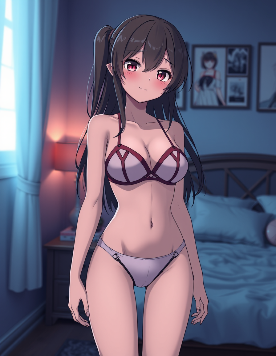 Anime Characters idea: an anime character with a legible silhouette, controlled costume language, and expressive face, deliberate composition, 23 year old girl in bedroom we