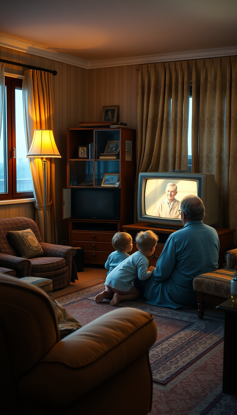 Main art studio: Photorealistic cozy family living room in the mid-1980s, parents and child sitting together watching an old Soviet television, modest apartment interi