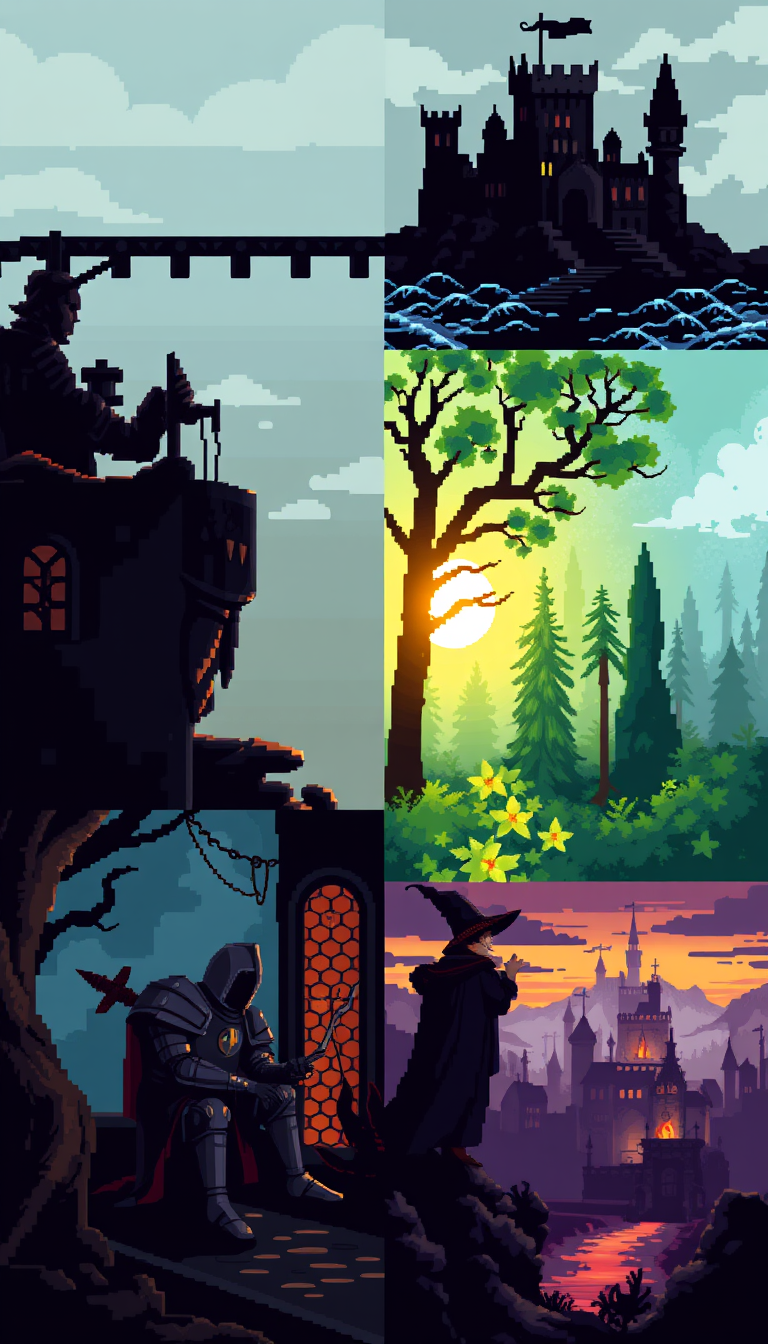 Main art studio: 2x2 collage of dark fantasy pixel art, 16-bit retro RPG style: (1) knight on a bridge facing a dark castle, (2) knight resting in a sunlit enchanted f