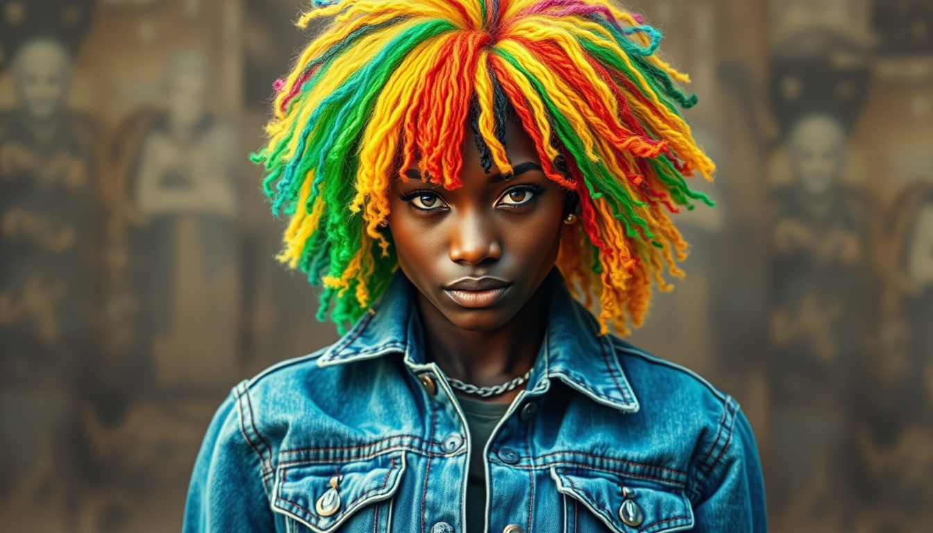 Main art studio: portrait of a medieval black warrior woman but wearing jean jacket wth a way too many pockets and a rainbow wig that obscures the face