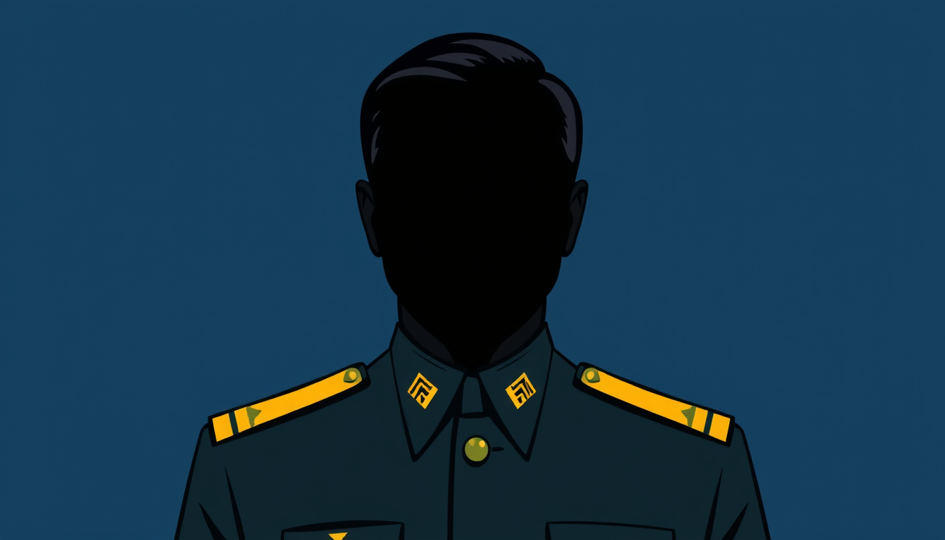 Main art studio: Mysterious symbolic political avatar, faceless blank head silhouette, formal military uniform with a high collar and shoulder insignia, head and shoul