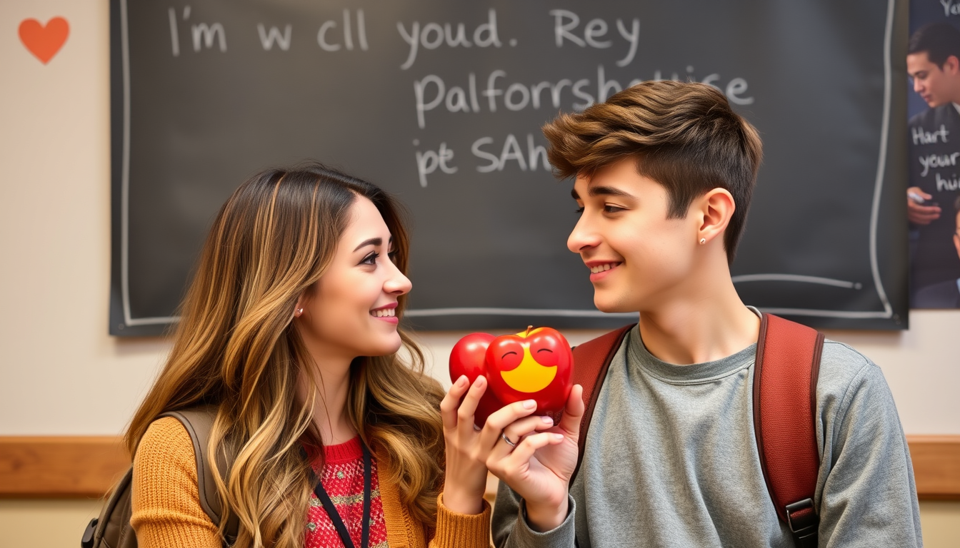 AI Art prompt example created from the prompt: make apple text between gf and bf with cute nick names and bfs name is bae and profile pic is heart emoji talking about day at school