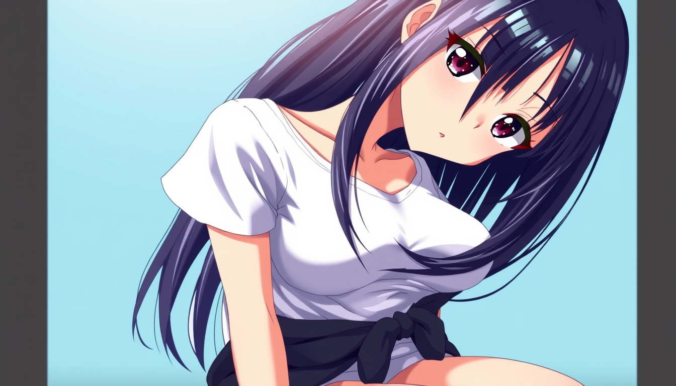 Anime idea: anime style, vibrant colors, expressive eyes, Anime woman with long glossy black hair and bangs, white T-shirt, dark jacket tied at waist/legs, calm e