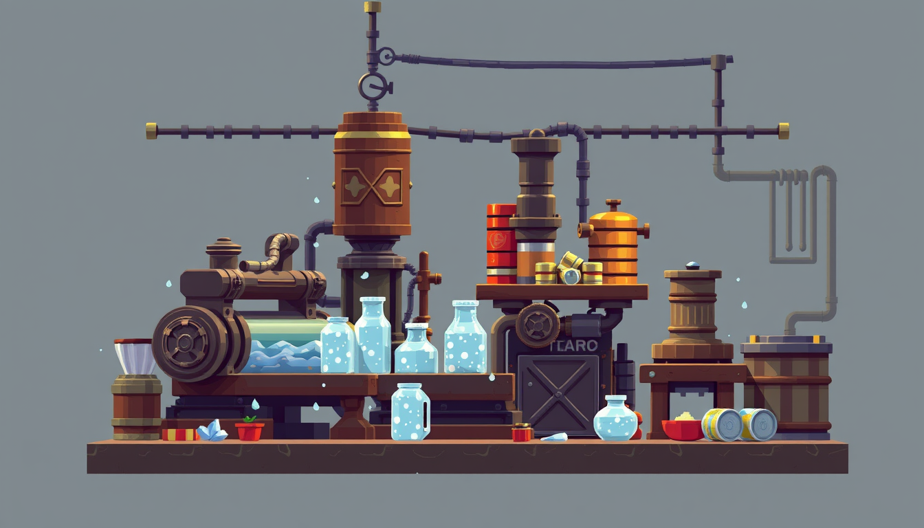Main art studio: Crie um cenario de fundo de uma fabrica com paletas frias limitadas a 4 cores, com caixa canos e maquinas de fundo em pixel art 2D