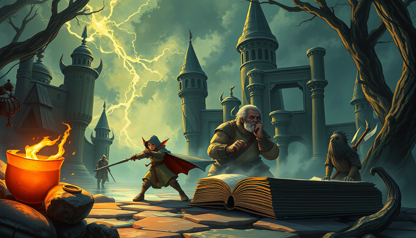 Main art studio: Text: "Rolemaster" Text: "Buch der Helden und Abenteuer" Hintergrund: Fantasie-Rollenspiel - Mittelerde - Abbildung ein Zwerg der Text muss erscheinen
