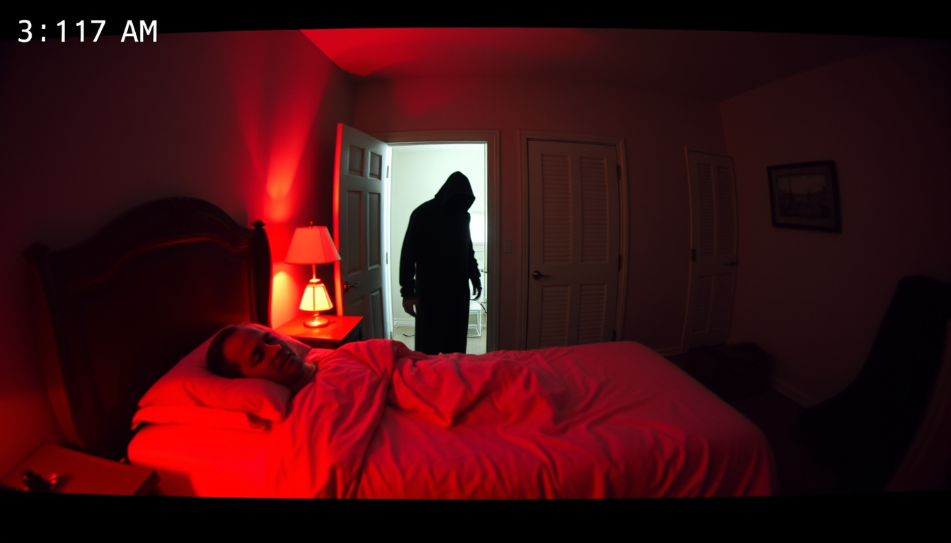 Main art studio: Same bedroom, same sleeping man. The dark figure slowly enters the room, standing beside the bed. 3:17 AM, security camera view, terrifying shadow, re