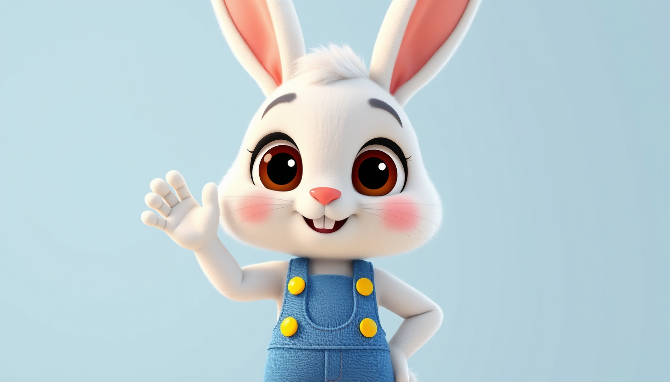 Main art studio: Cute main character bunny named Bobo, hero of a children's cartoon. White soft fluffy fur, big round expressive brown eyes, small pink nose, warm frie